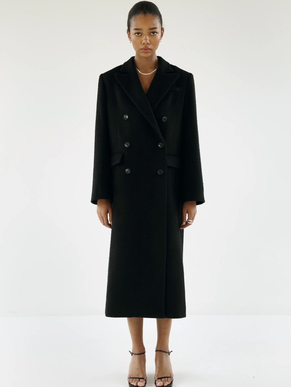 Almada Label Women’s Drew Double-Breasted Wool Long Coat in Black, Small S